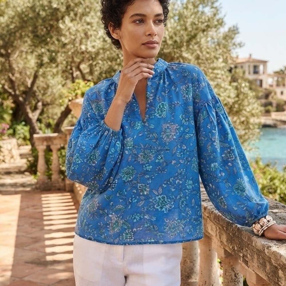 NWT J Jill sz L Petite Balloon Sleeve Blue Jacobean Floral Edwardian Boho Top